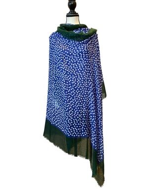 Blue Polka Dot Fringe Scarf with Green Border